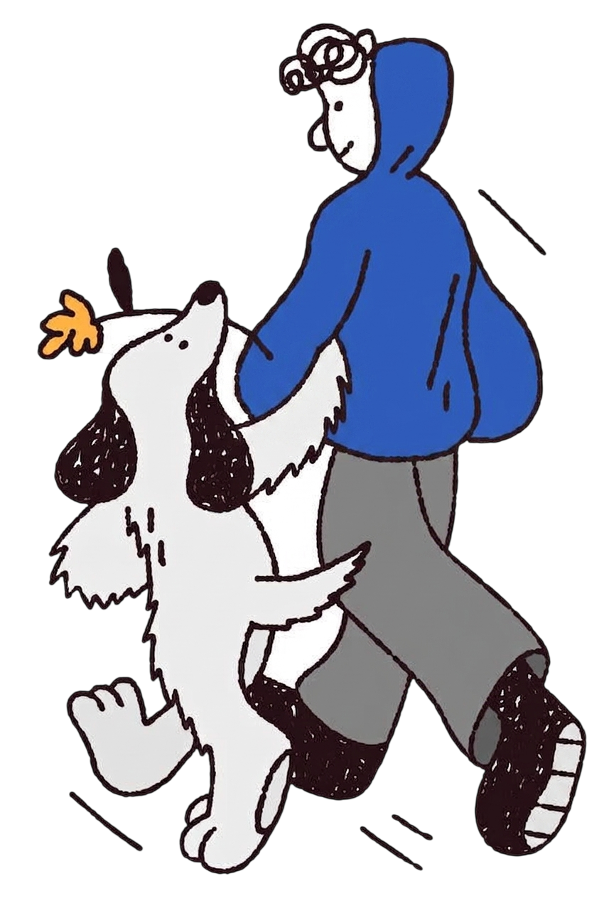 Illustration of a professional dog walker and a dog.