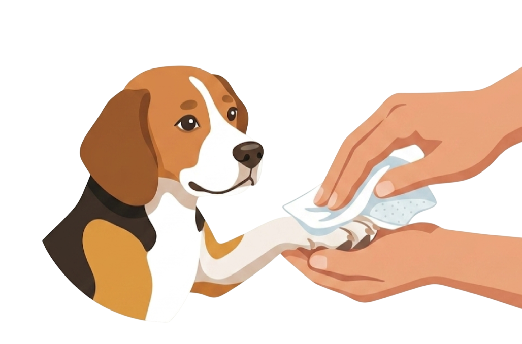 Dog paw cleaning illustration.